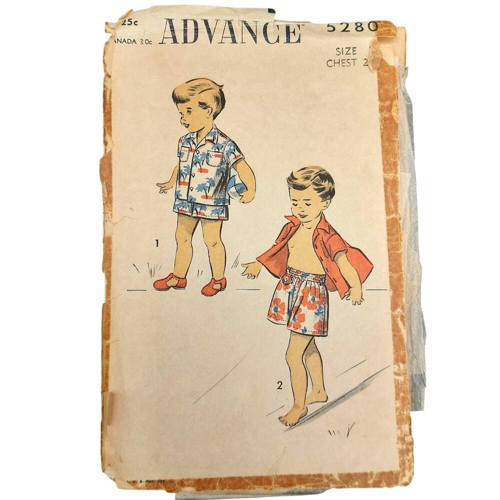 1940s Vintage Advance Sewing Pattern 5280 Toddler Boys Shirt and Shorts Size 2